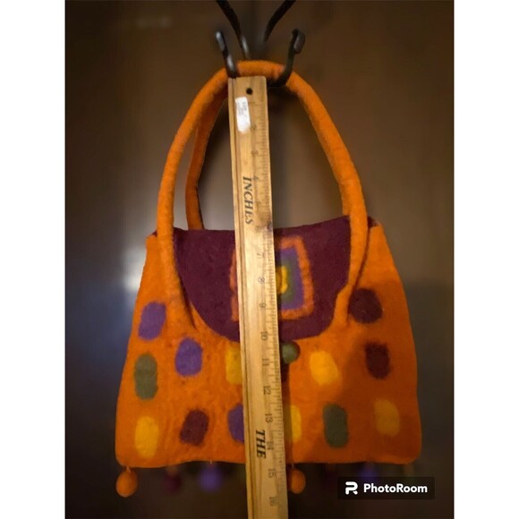 RISING TIDE Felted Wool Bag Pompoms Boho Hippie Handbag Burnt Orange Purple - Picture 5 of 8
